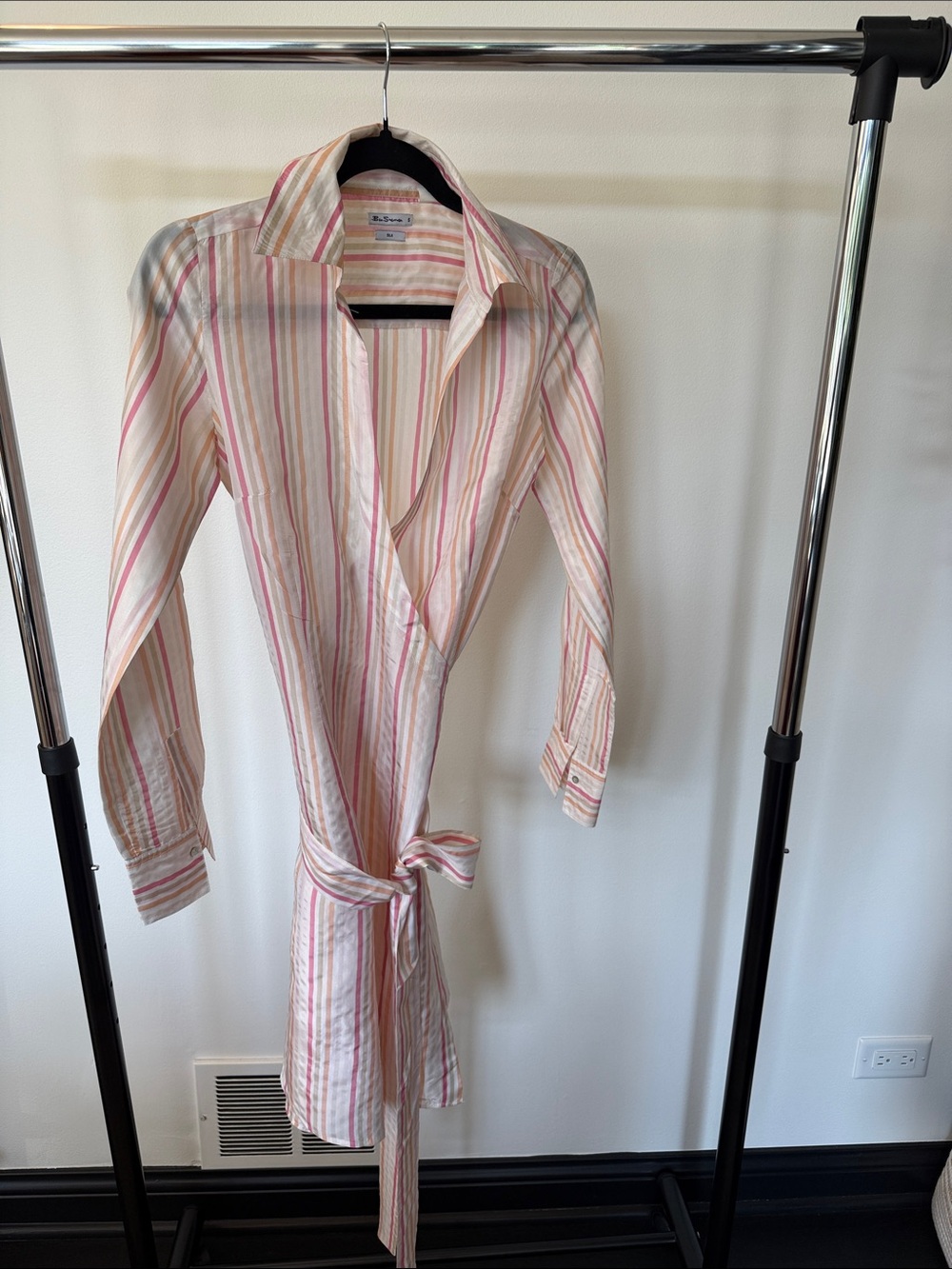 Ben Sherman Pink, Cream and Tan Striped Long-Sleeve wrap Shirt Dress silk
